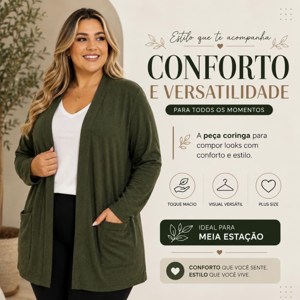 Cardigan Feminino Plus Size Casual em Lanzinha Confortável
