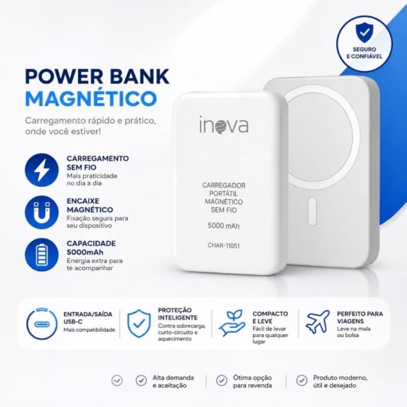 Power Bank Magnético Sem Fio 5000mAh  Portátil Carregador Wireless Compatível MagSafe iPhone e Android