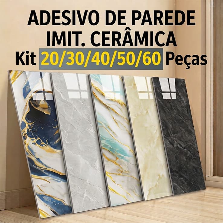 KIT 60/40/20 Adesivos de Parede Revestimento em Mármore Placas Adesivas Banheiro Cozinha Lavabo Cerâmica 60x30cm