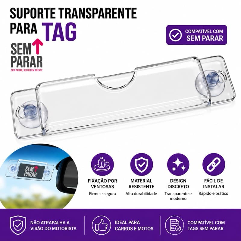 Suporte Para Tag Sem Parar Transparente Com Ventosas Para Para-brisa Veicular Compatível Veloe ConectCar