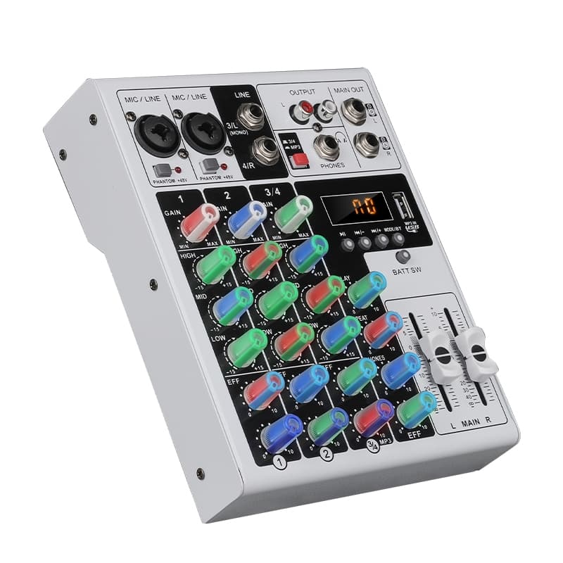 Mini Console de Mistura 4 Canais com Luzes RGB DJ Efeito, Mesa de Som com Bluetooth, USB e Entrada MP3