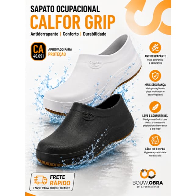 Sapato Ocupacional Calfor Grip Antiderrapante Impermeável CA 45991 Cozinha Limpeza Enfermagem Hospital Trabalho EPI Leve