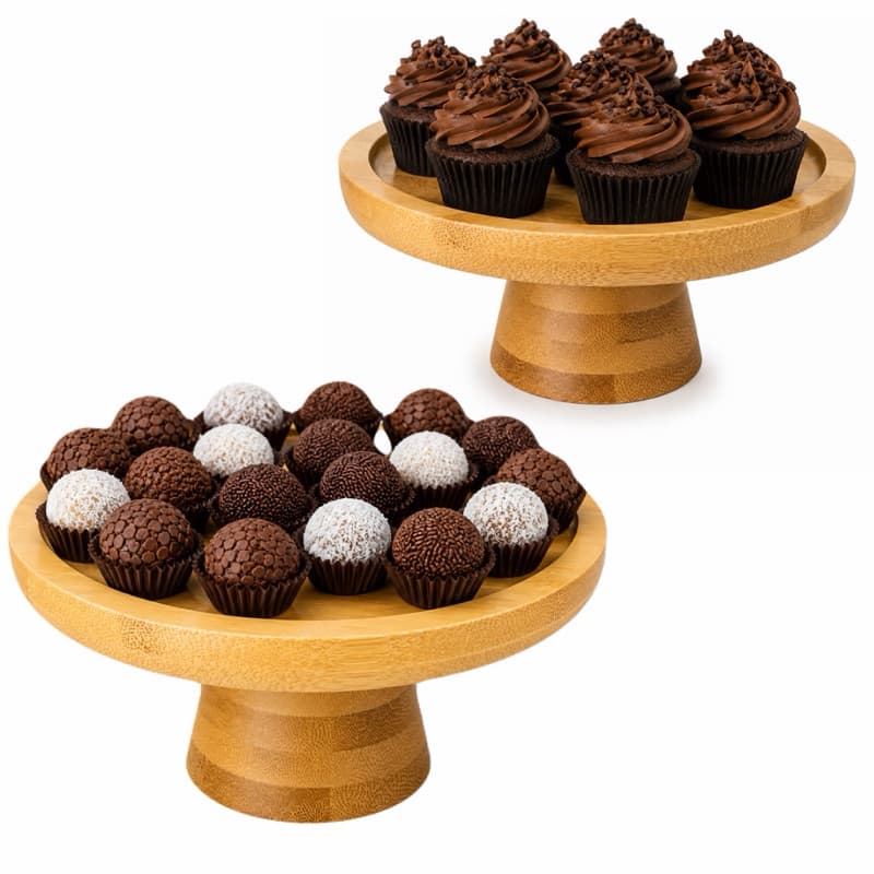 Prato De Bambu Com Pé P/ Bolos Doces Petiscos Decoração Mesa Posta