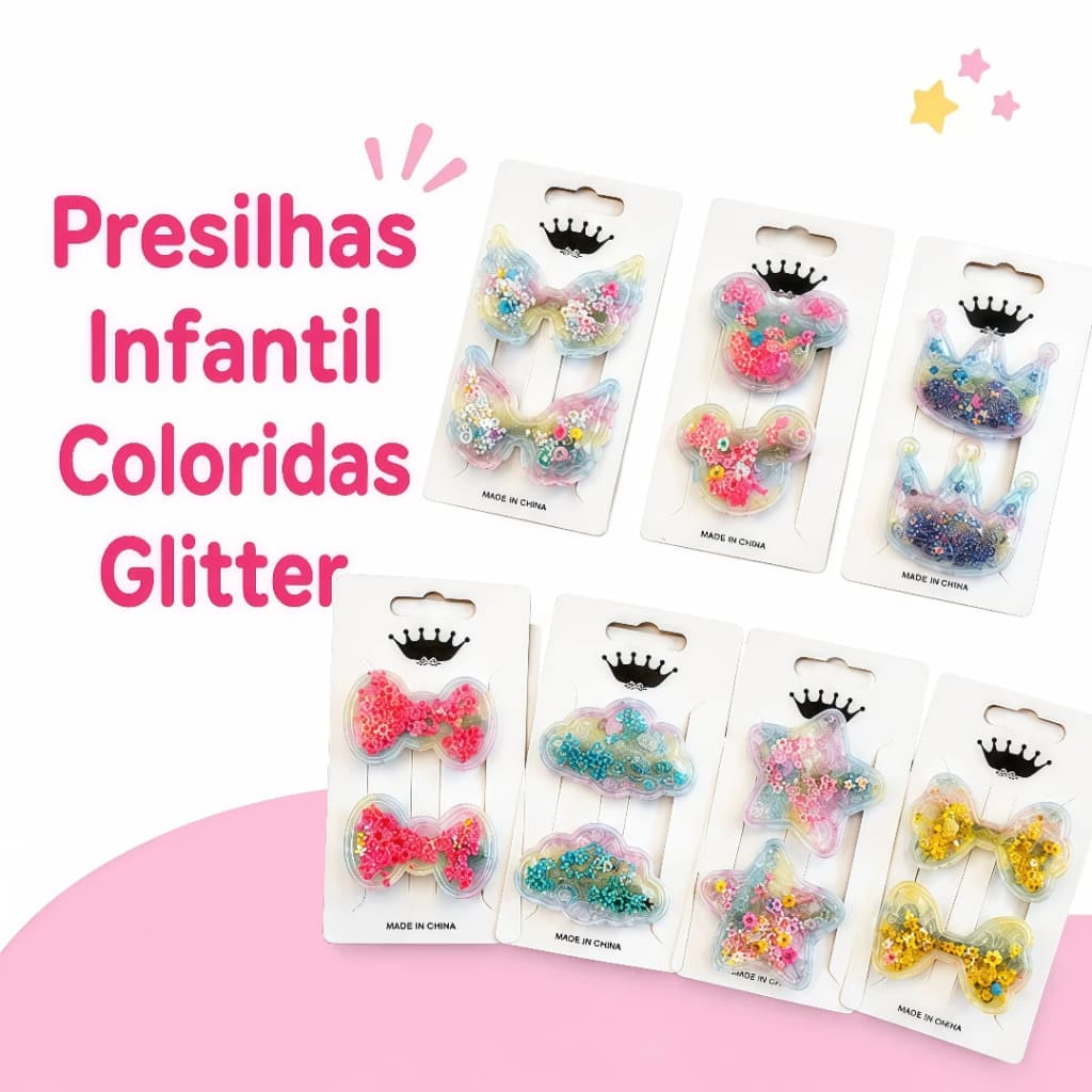 Presilhas Infantil Coloridas Glitter Laços Estrela Nuvem Coroa Mickey Acessórios de Cabelo