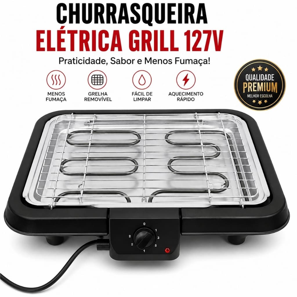 🔥 Churrasqueira Elétrica Grill Portátil Grelha Inox 127v Preta
