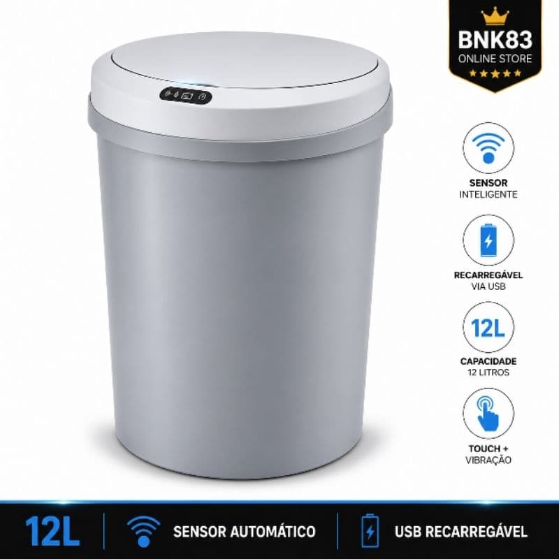 SmartSense™ Lixeira Automática 12L Sensor de Movimento Recarregável USB Touch Inteligente Cinza para Cozinha Banheiro