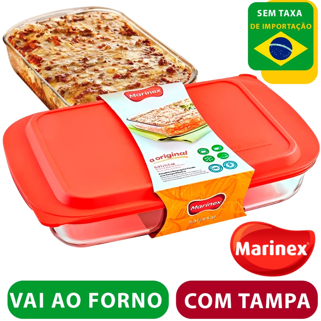 Lasanheira assadeira Travessa com Tampa 5 Litros Retangular Funda Grande de Vidro temperado Marinex