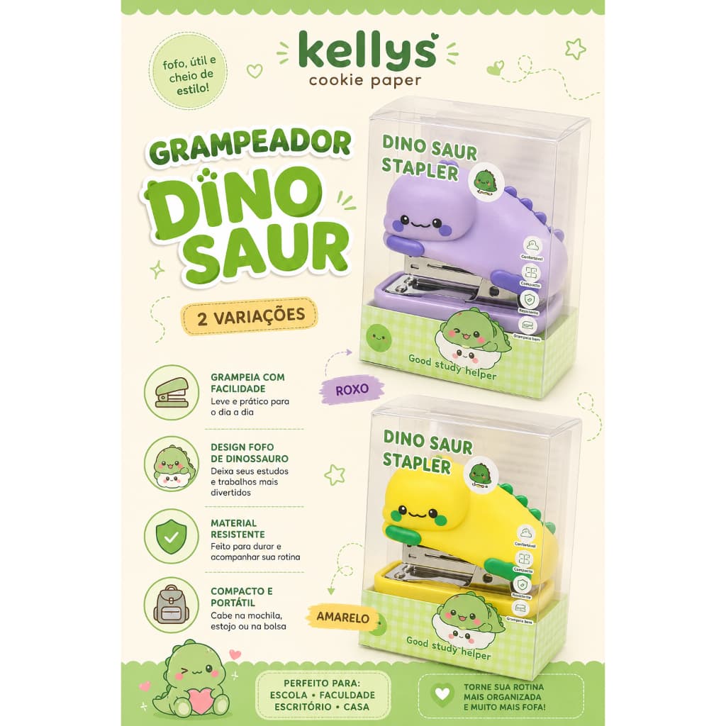 Grampeador dinossauro + caixinha com 500 grampos, tamanho 24/6, grampeador fofo