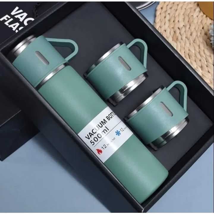 Kit Garrafa Térmica Inox 500 ml Vacuum Bottle + 3  Xícaras Camping Viagem