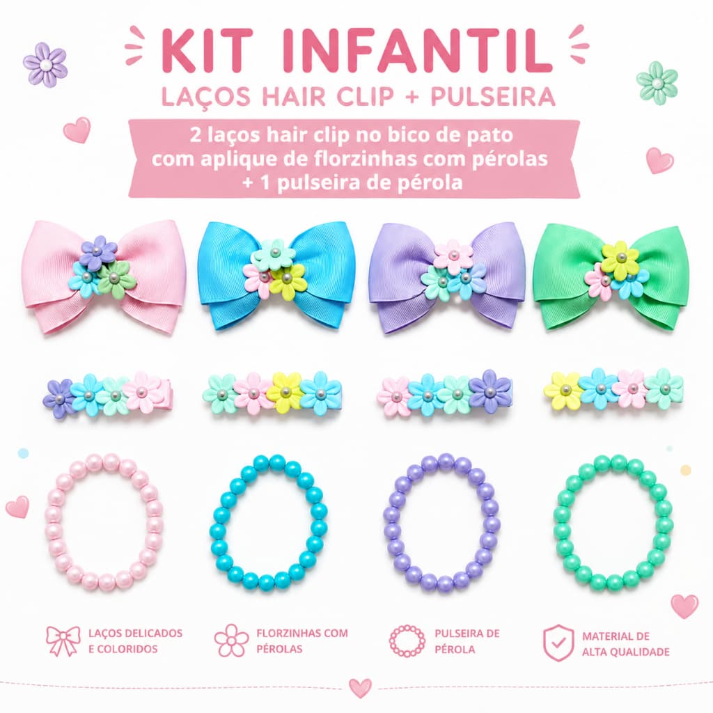 Kit 2 Laços + Pulseira Infantil/ lacinho para crianças Hair Clip Florzinha Confortavel Gourgurão