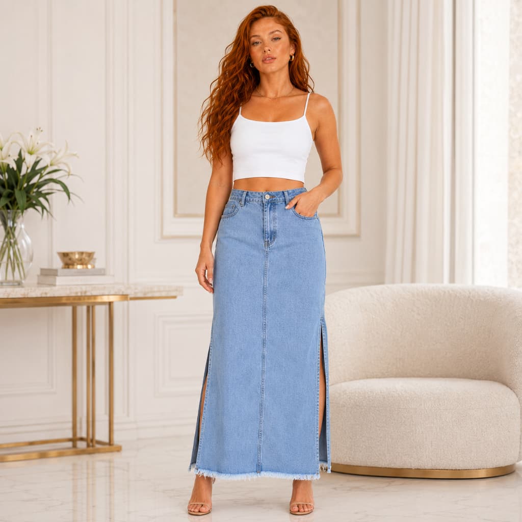 Saia Longa Jeans Feminina Cintura Alta com Fenda Abertura Lateral - A.Ming Jeans