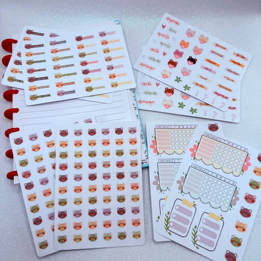 Kit 8 Cartelas de Adesivos Para Planner/Bullet Journal Ursinhos Cute Hábitos Semana Kawaii