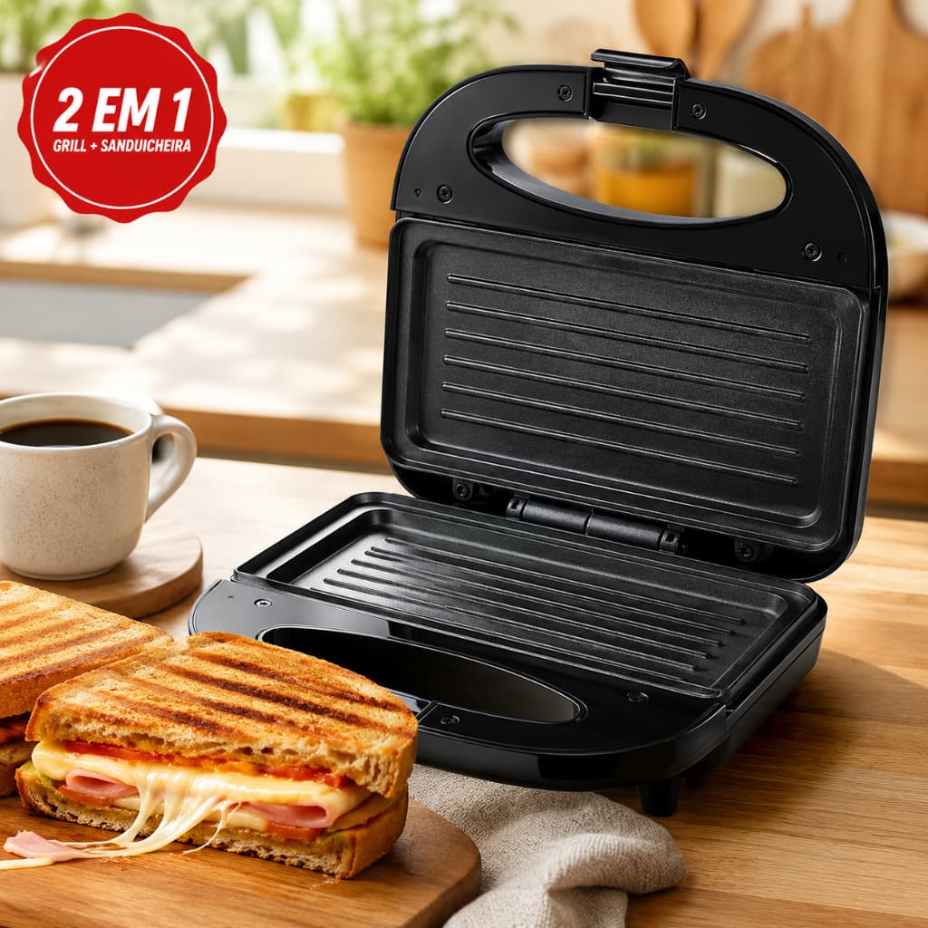 Sanduicheira Grill Elétrica 2 em 1 750W Antiaderente Faz 2 Sanduíches Prensa Dupla 127V ou 220V