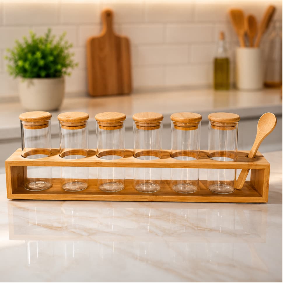 Kit 6 Porta Condimentos Temperos Herméticos Vidro Borossilicato 150ml com Suporte de Bambu