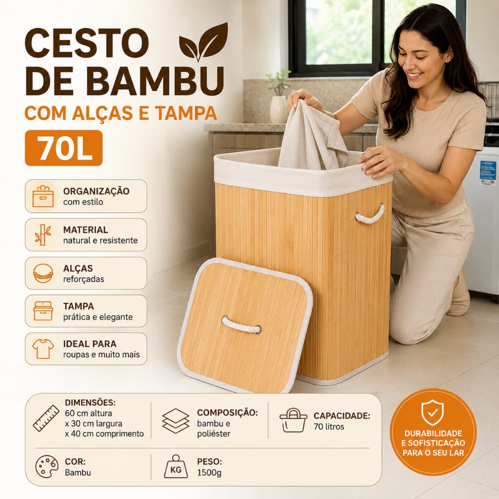 Cesto De Roupa Bambu 70L com Tampa e Forro Removível Organizador