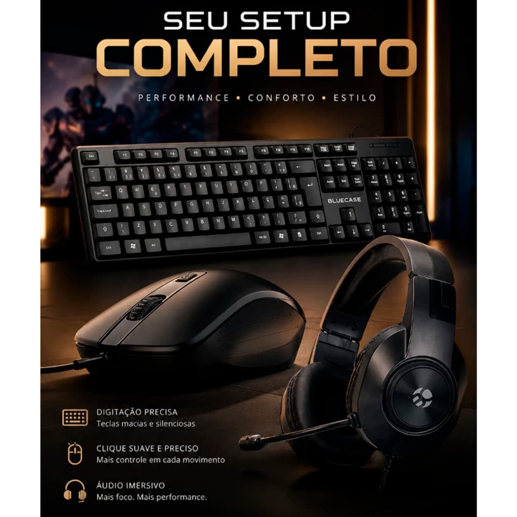 KIT MOUSE, TECLADO E HEADSET PROFISSIONAL COM FIO BLUECASE