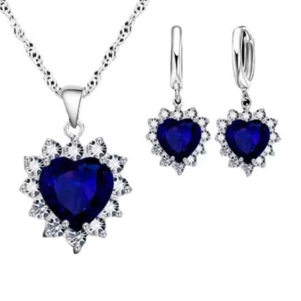 Conjunto Colar + Brincos Coração Azul Prata Feminino Elegante Zircônia Luxo Presente
