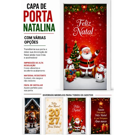 Capa de Porta Decoração de Natal Casa Tecido Sublimado C/Elástico 0,85x2,10m