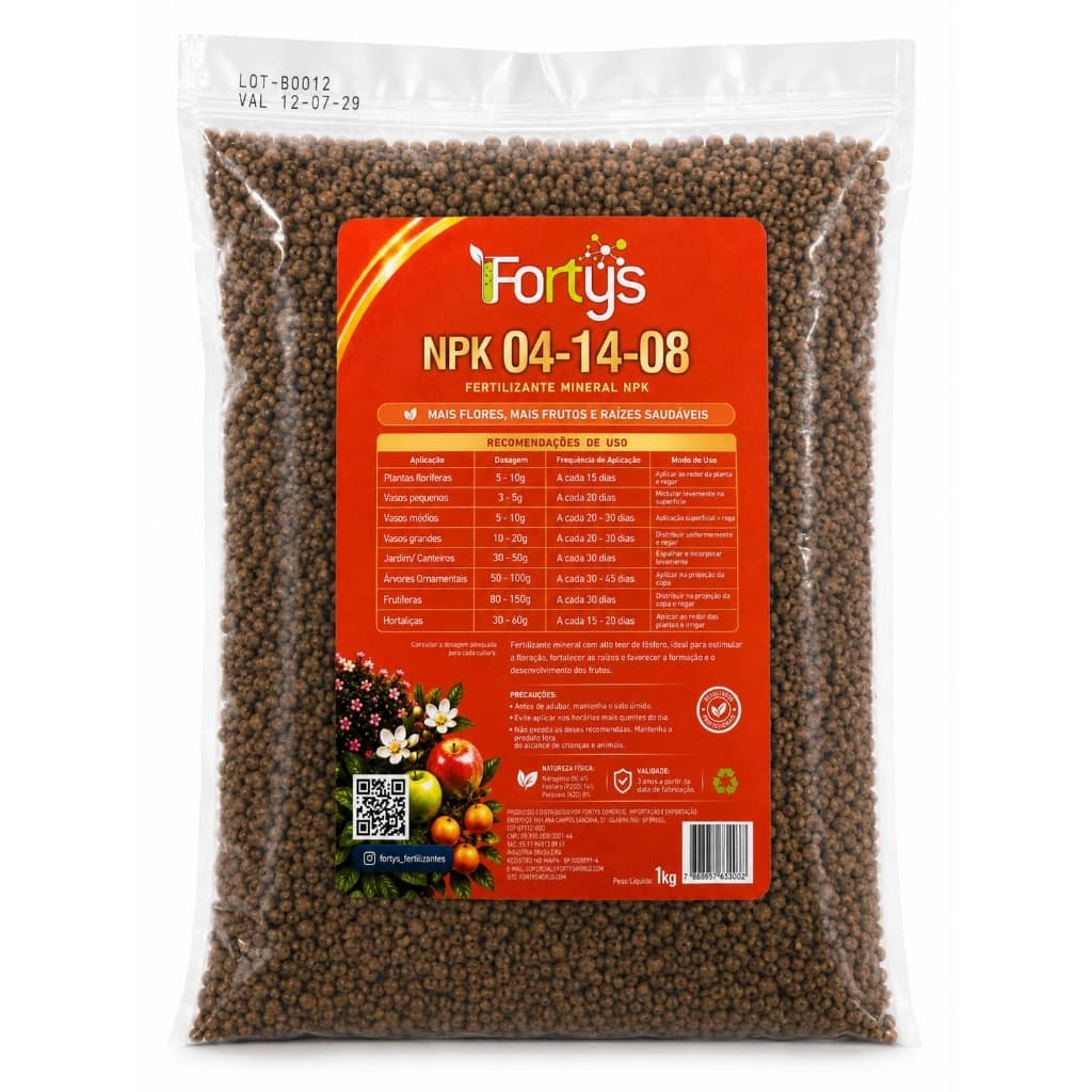 Adubo Floração NPK 04-14-08  FORTYS 1kg Fertilizante Mineral para Flores, Frutíferas, Horta, Jardim, Hortaliças e Vasos