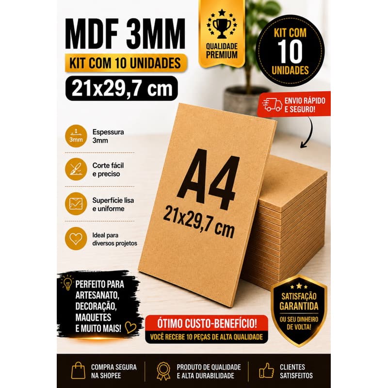 Placa MDF 3mm 21x29,7cm (10 Unidades) - Perfeito para Maquetes e Trabalhos Escolares mdf para maquete, mdf arquitetura
