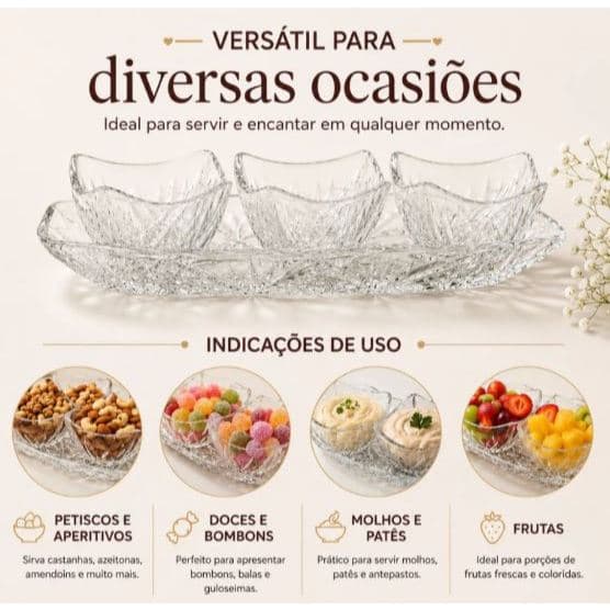 Petisqueira de Vidro Clear com 3 Bowls 1 Bandeja 30cm Mesa Posta Premium