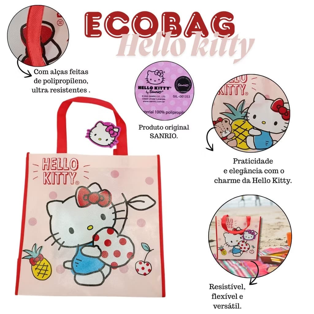 Sacola Hello Kitty Vermelha | Ecobag Reutilizável 29,5x29x11cm | Bolsa Multiuso até 3kg