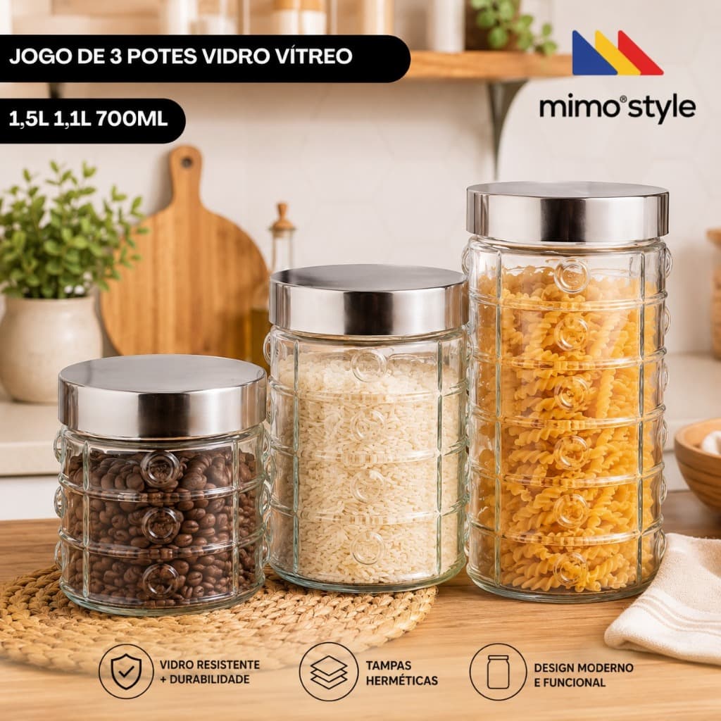 Jogo c/3 pcs Pote 1,5 Litros 1,1 Litros 700ml Vidro Vítreo Mimo Style