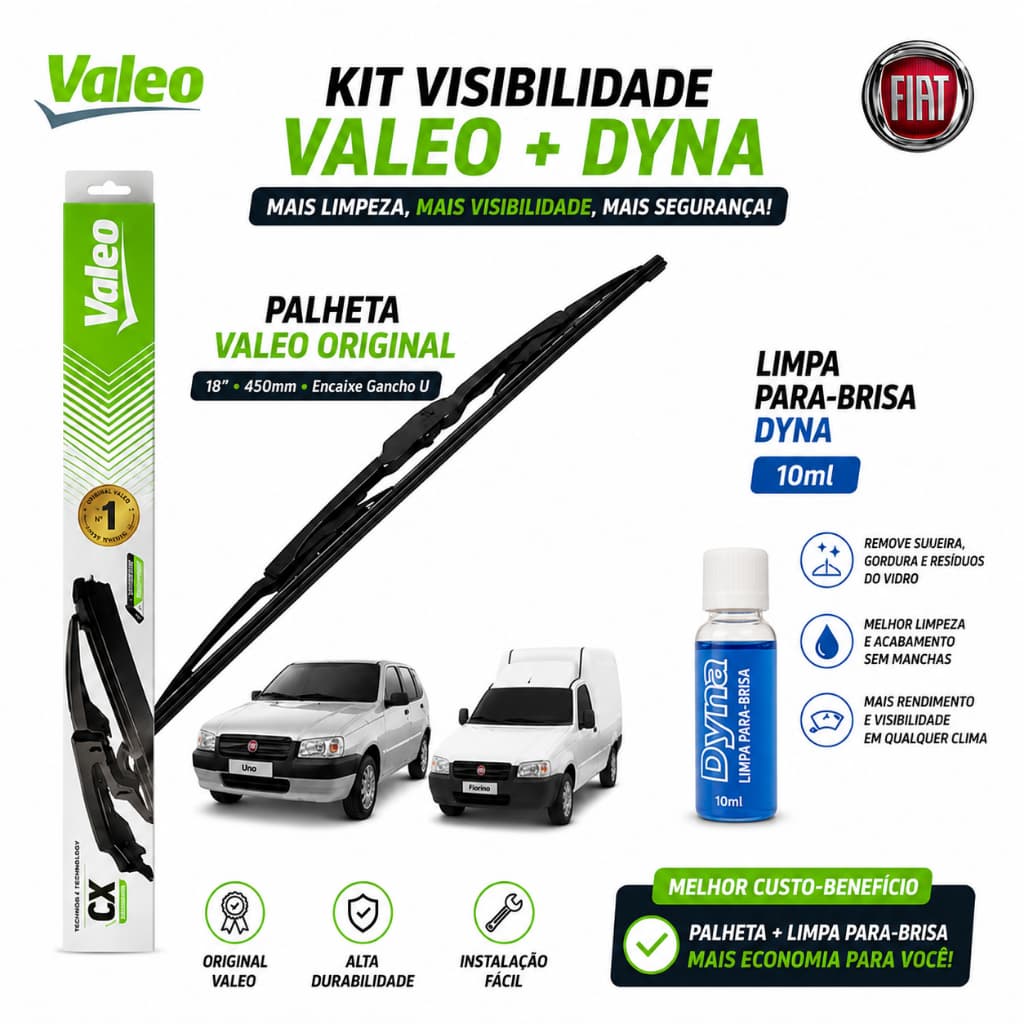Kit Palheta Limpador Parabrisa Valeo Original + Limpa Para-Brisa Dyna 10Ml Uno Mille Fiorino Elba Prêmio 18" 450cm