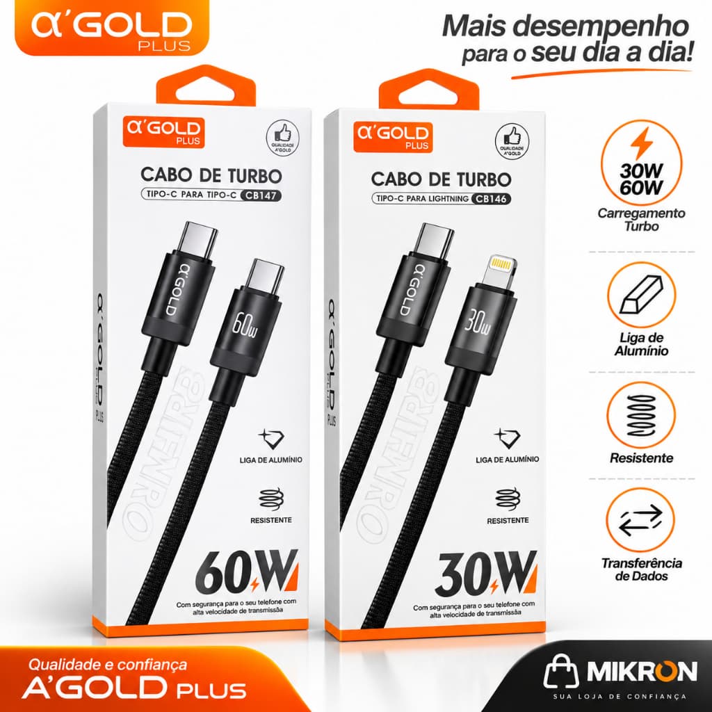 Cabo USB-C Turbo A'Gold Plus 30W 60W Tipo-C para Lightning e Tipo-C Cabo Reforçado Carregamento Rápido