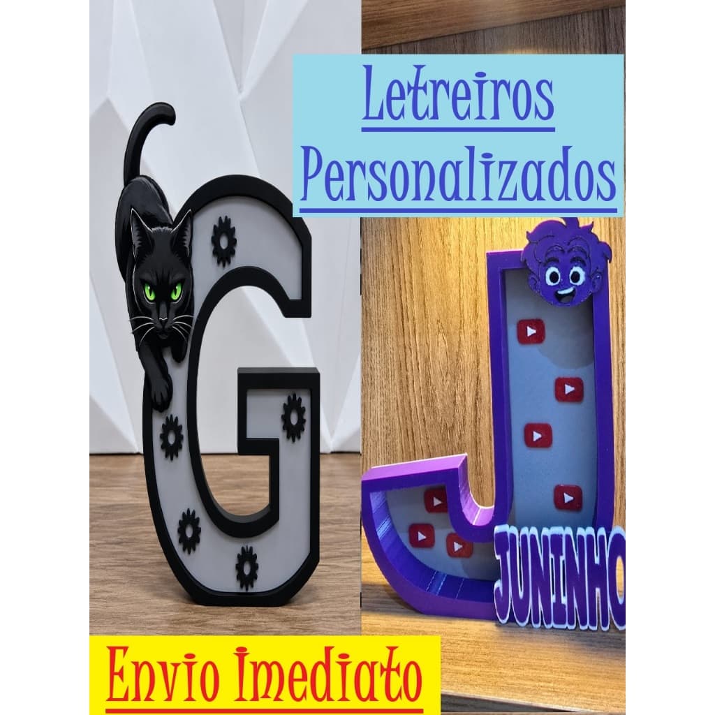 Letreiro Personalizado 3D com Letra e Tema - Decoração Infantil Quarto de Bebê - Nome Personalizado