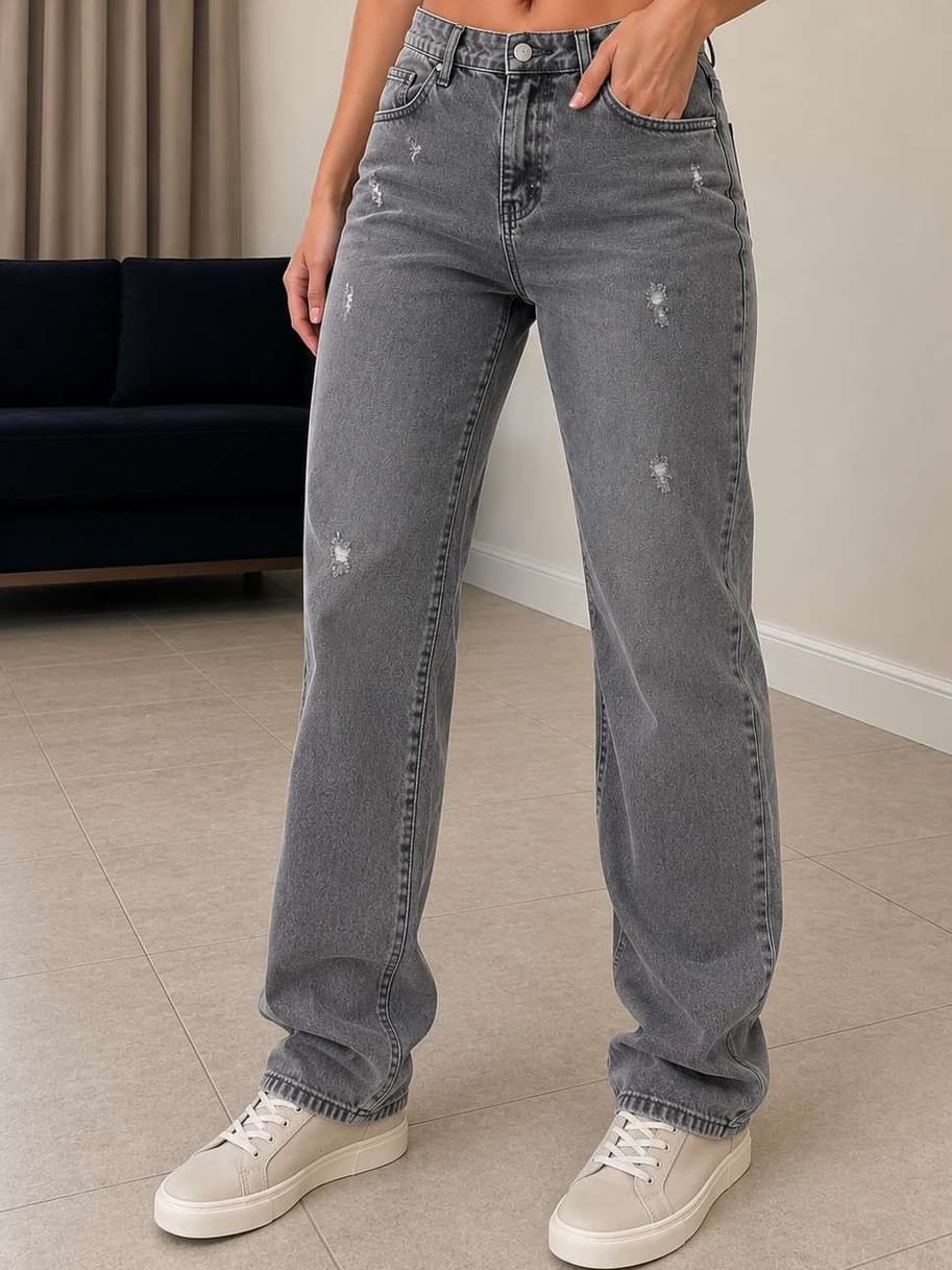 Calça Jeans Feminina Wide Leg Premium Cintura Alta Lavagem Estonada Casual Fashion