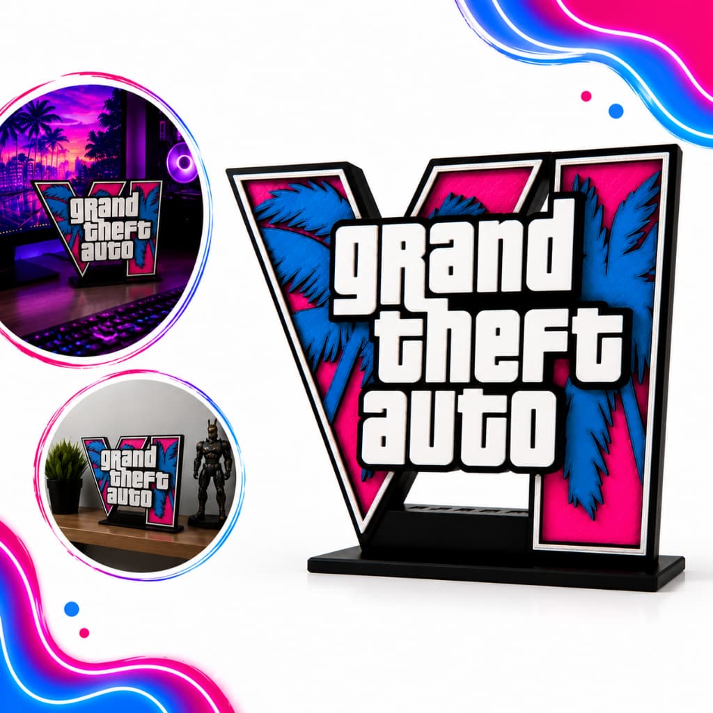 Placa 3D Decorativa Logo Grand Theft Auto GTA 6 VI Enfeite p/ Mesa Setup Letreiro Totem Display Gamer