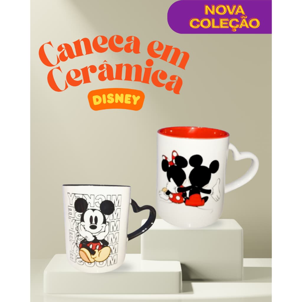Caneca de Cerâmica 330ml Alça Coração Personagens | Mickey, Minnie Mouse | Presente Criativo | Alta Qualidade