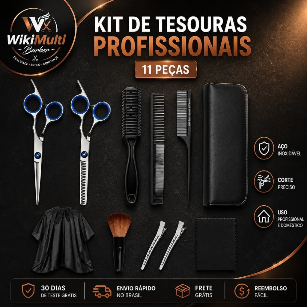 Kit Barbeiro 11 Peças Tesoura de Cabelo Inox Profissional com Pentes Capa e Estojo