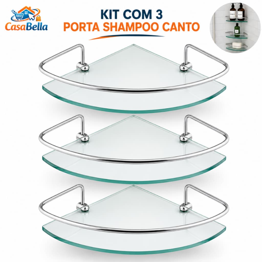 Kit 03 Porta Shampoo Suporte De Banheiro Shampoo Canto Vidro 6mm