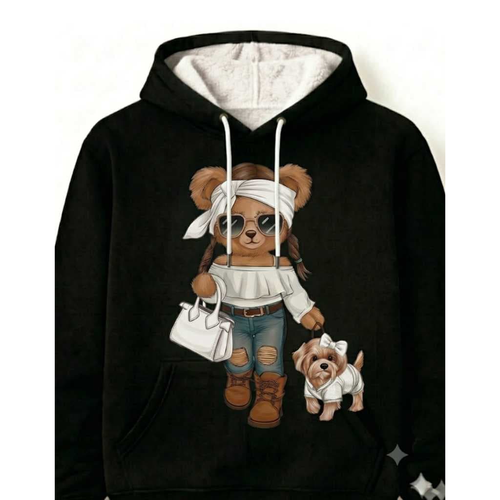 Moletom Feminino Flanelado Canguru Estampa Ursa Fashion com Cachorrinho Capuz Inverno