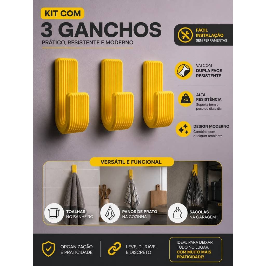 Kit 3 Ganchos Multiuso de Parede Adesivo Dupla Face Sem Furos Organizador Casa Cozinha Banheiro