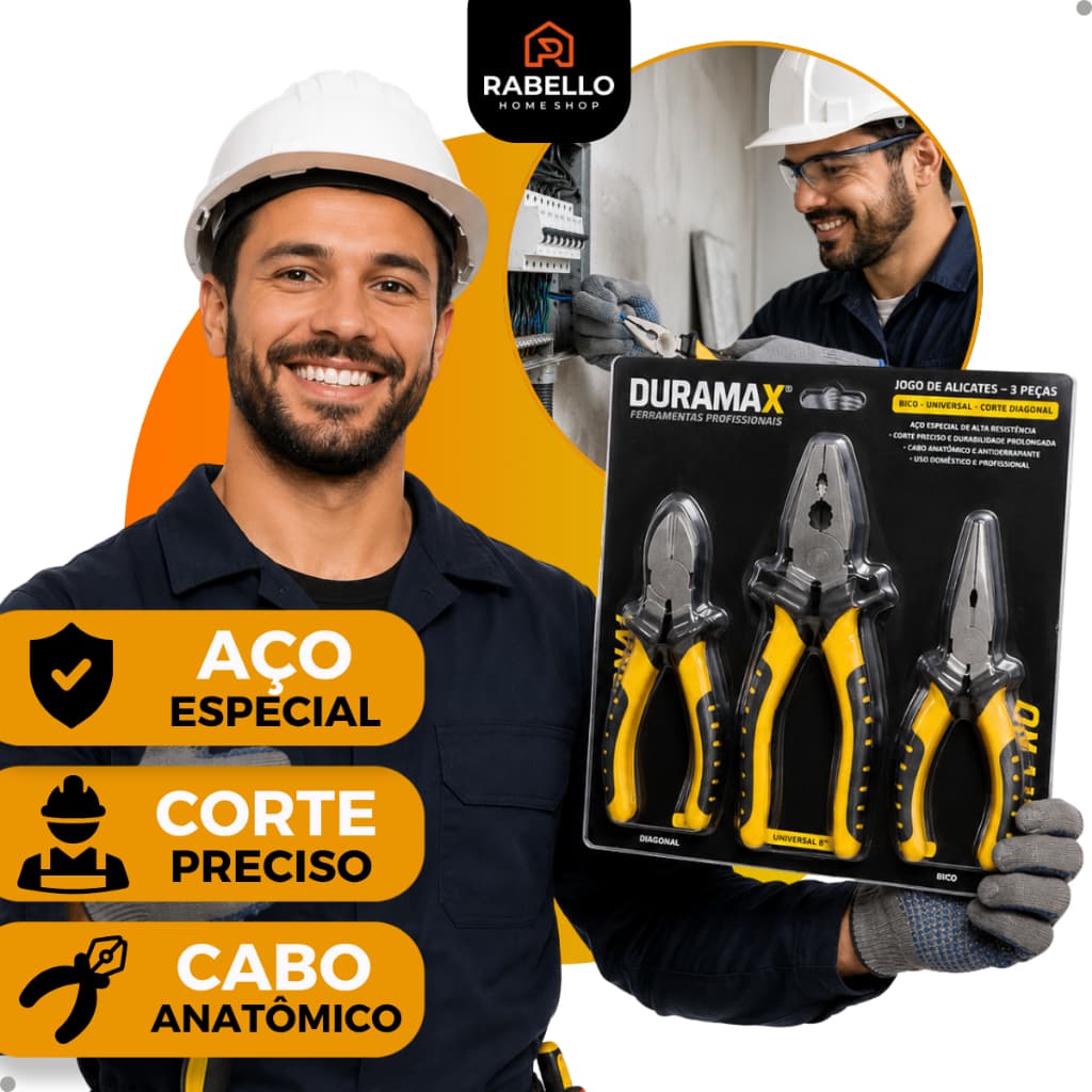 Jogo de Alicates 3 Peças Profissional Duramax Universal Bico Corte Diagonal Aço Resistente Eletricista