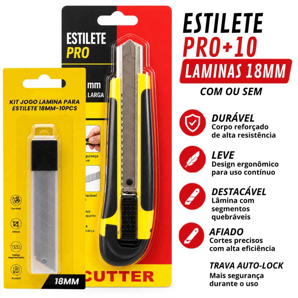 Kit Estilete Profissional Emborrachado com 11 Lâminas ou sem 18mm Reforçado Multifuncional Premium