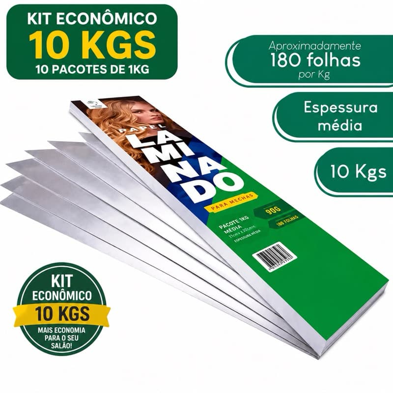 Kit 10 Kg Papel Laminado para Mechas 11x50 cm Espessura Média Aproximadamente 1.800 Folhas