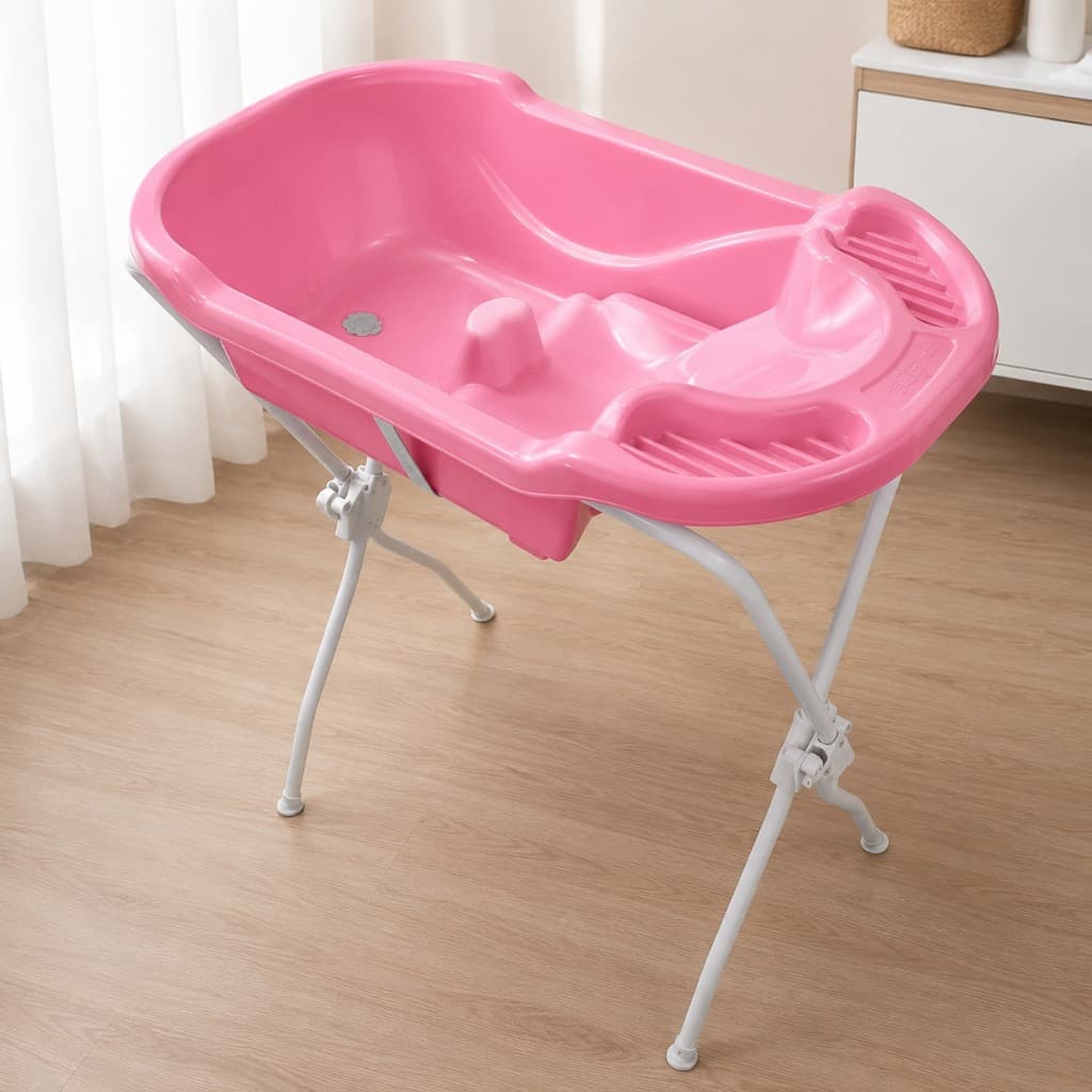 Kit Banheira Bebê Rosa Com Suporte Tutti Baby Ergonômica - Suporte Dobrável E Saída De Água Enxoval