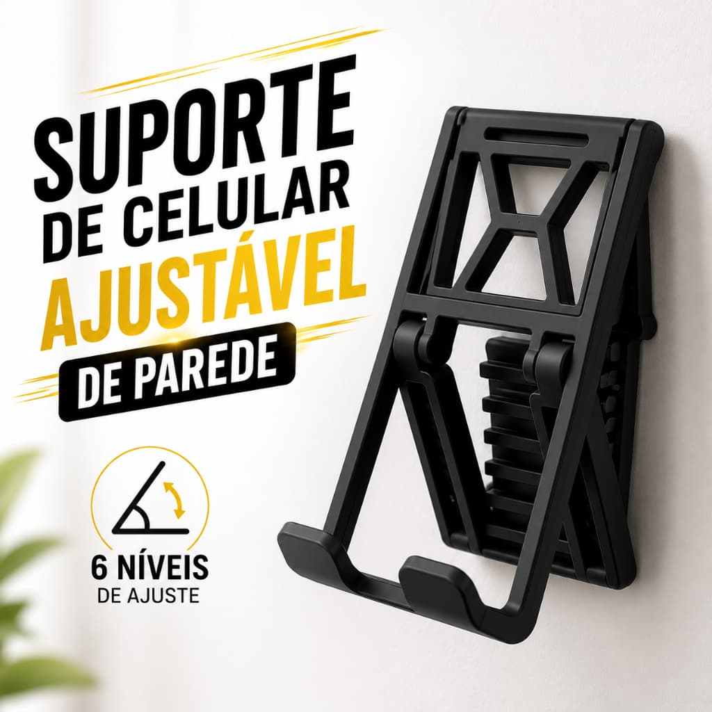 Suporte de Celular Ajustável de Parede Universal 6 Níveis Porta Celular Adesivo com Dupla Face Branco Preto