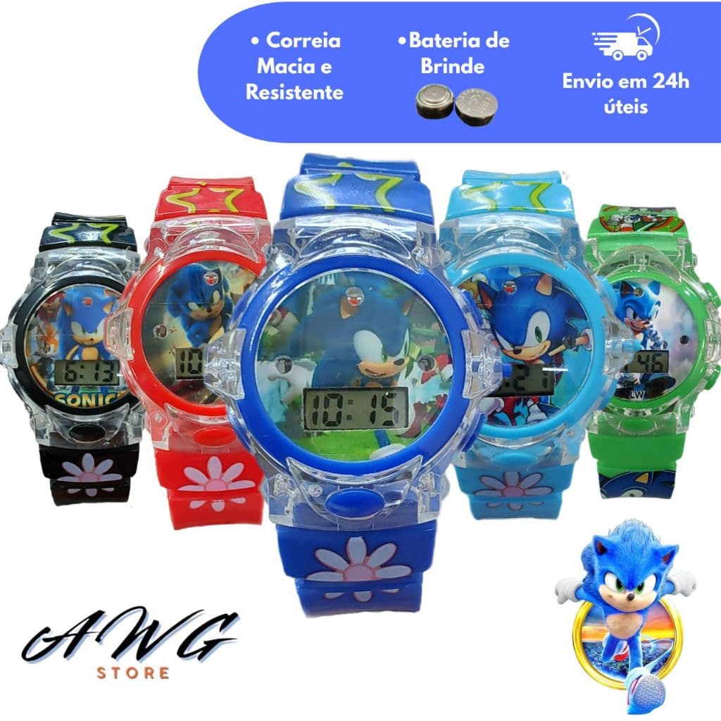 Relógio Musical Sonic LED Infantil Silicone Colorido Divertido Presente – Envio Rápido