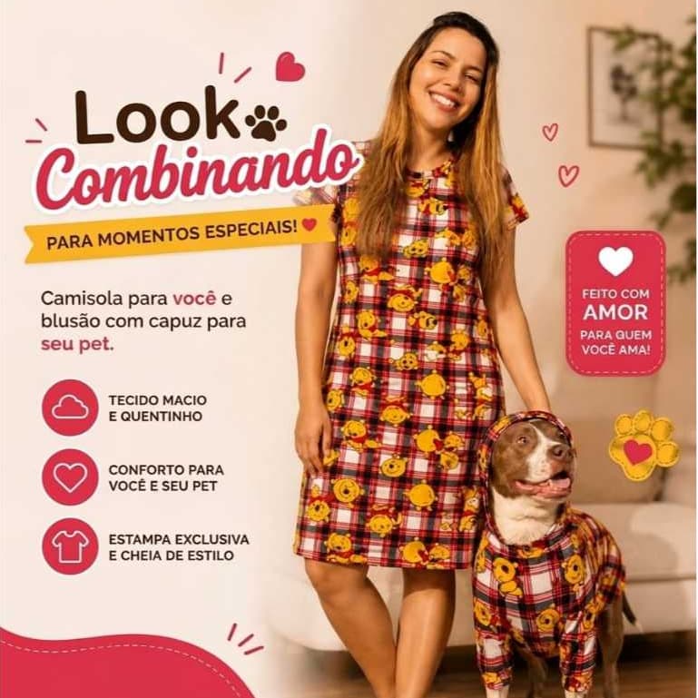 Pijama combinando mãe e pet, Camisola feminina manga curta, roupa para cachorro, kit mãe de pet confortável