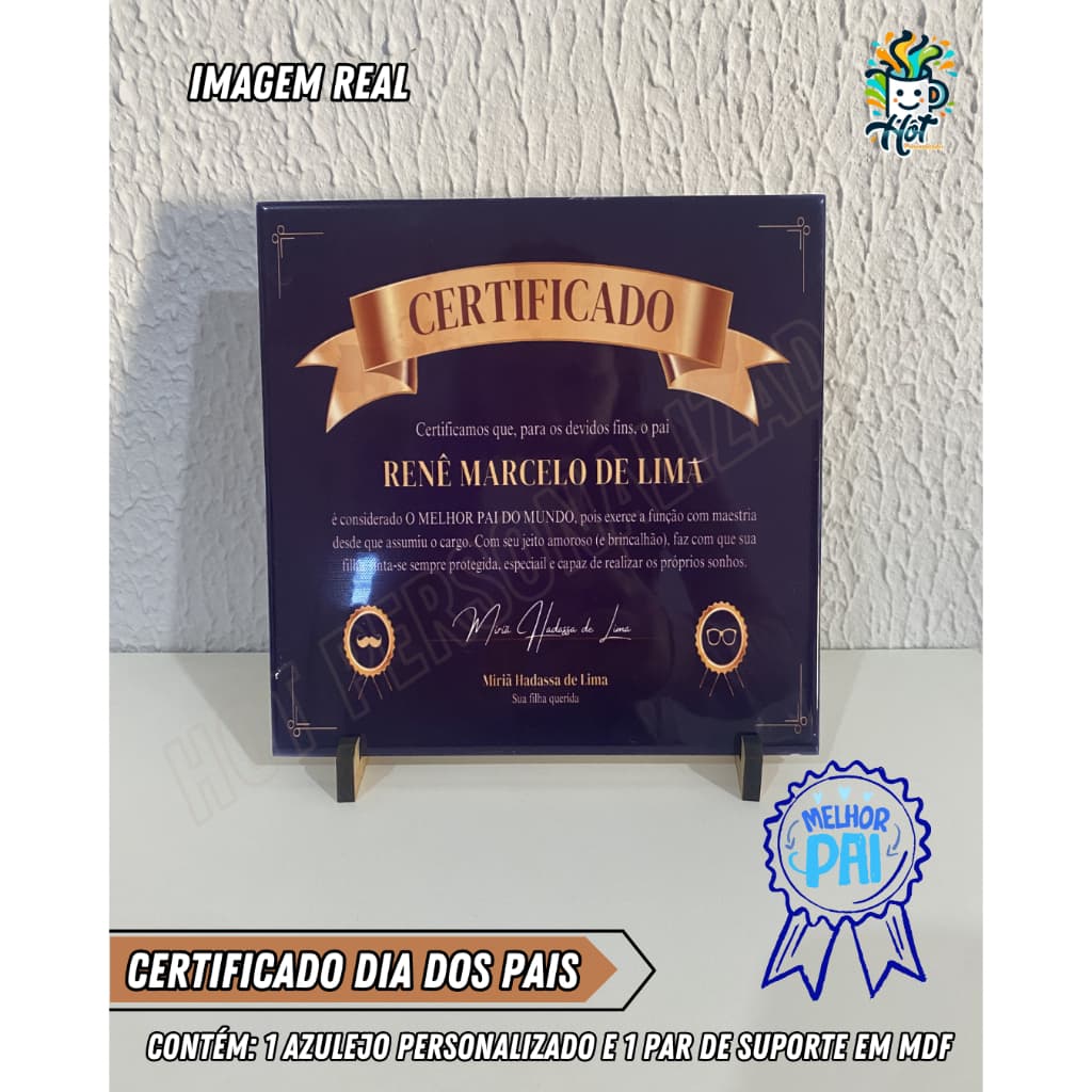 Presente Dia dos Pais Certificado Personalizado em Azulejo com Suporte MDF