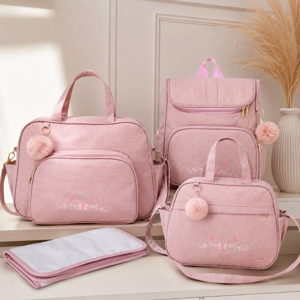 Kit Bolsa Maternidade 4 Peças Completo Mochila Frasqueira Bolsa Grande e Trocador Mamãe e Bebê