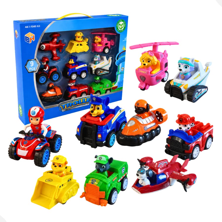Kit 9 Carrinhos Patrulha Canina Chase Robo Dog Everest Rubble Marshall Zuma Skye Brinquedo Infantil