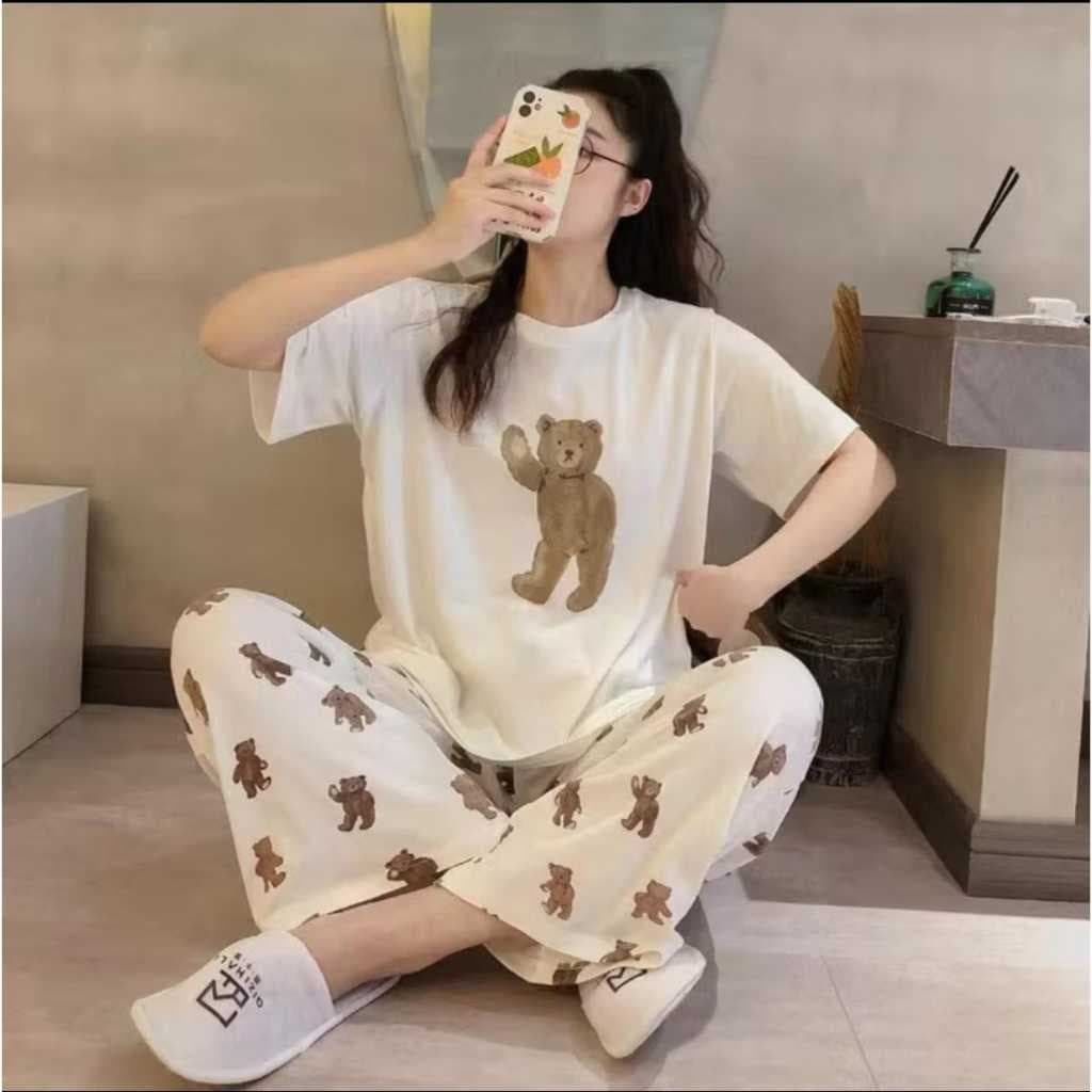 Pijama Feminino Cartoon–Verão Casual com Manga Curta e Calça Ursinho