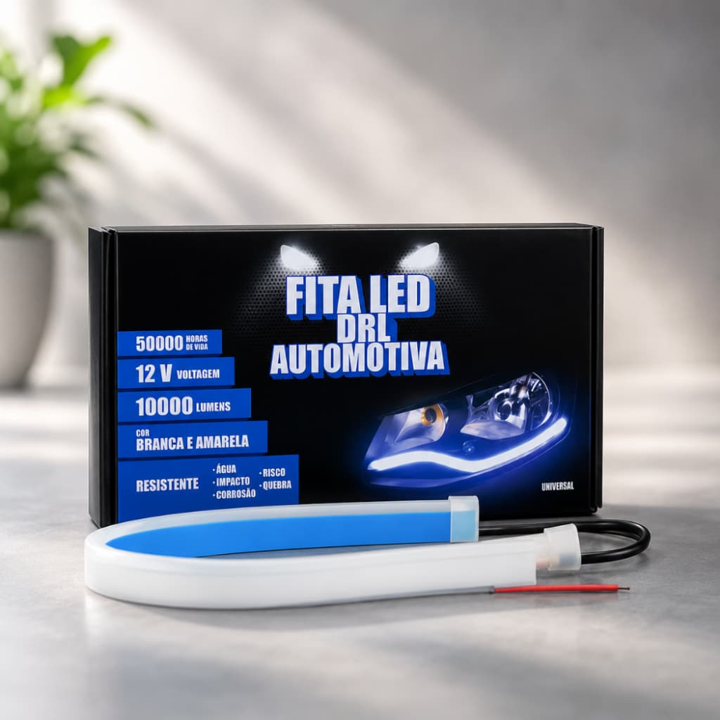 Fita LED DRL Automotiva Flexível 12V Branco e Amarelo. Luz Diurna. Carro Universal Alto Brilho