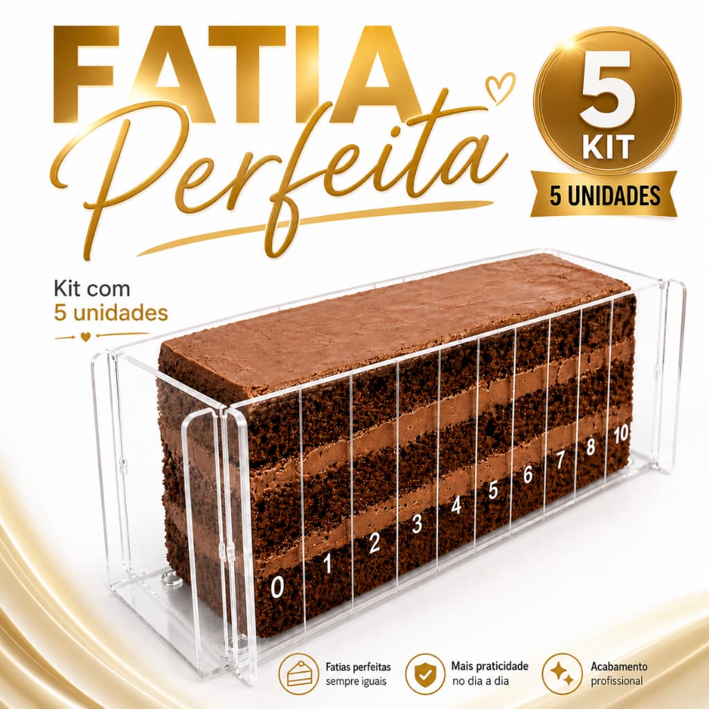 Kit 5 Formas Slice Cake Acrílico 30x10x10 Fatia Perfeita Com Marcações 3mm + Espátula